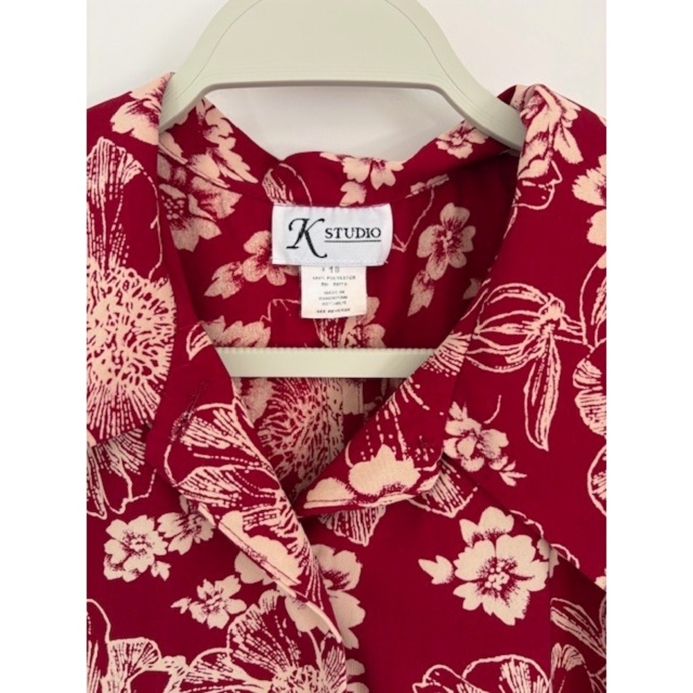 K Studio Vintage Womens Burgundy Red Cream Floral Short Sleeve Blouse Sz 18‎
